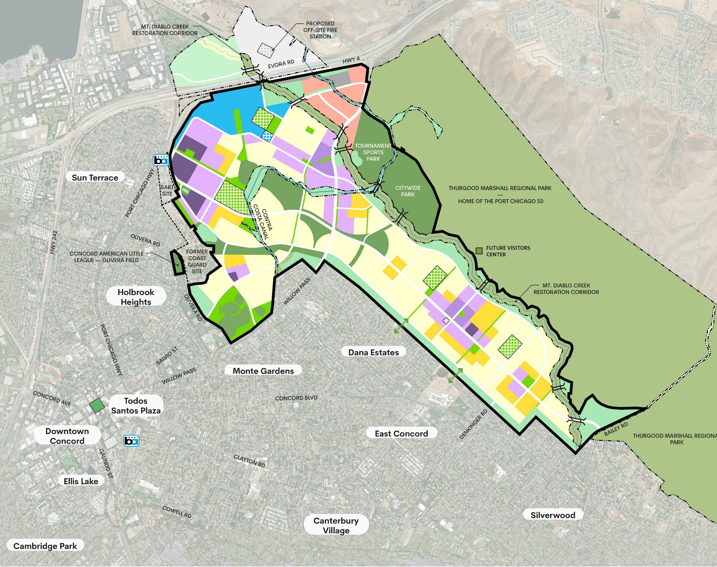 Conceptual Land Use Plan for the Concord Naval Weapons Station reuse project — 12,272 homes, commercial, mixed-use, campus, and open space designations