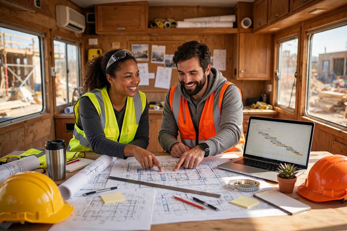 Construction team reviewing plans together